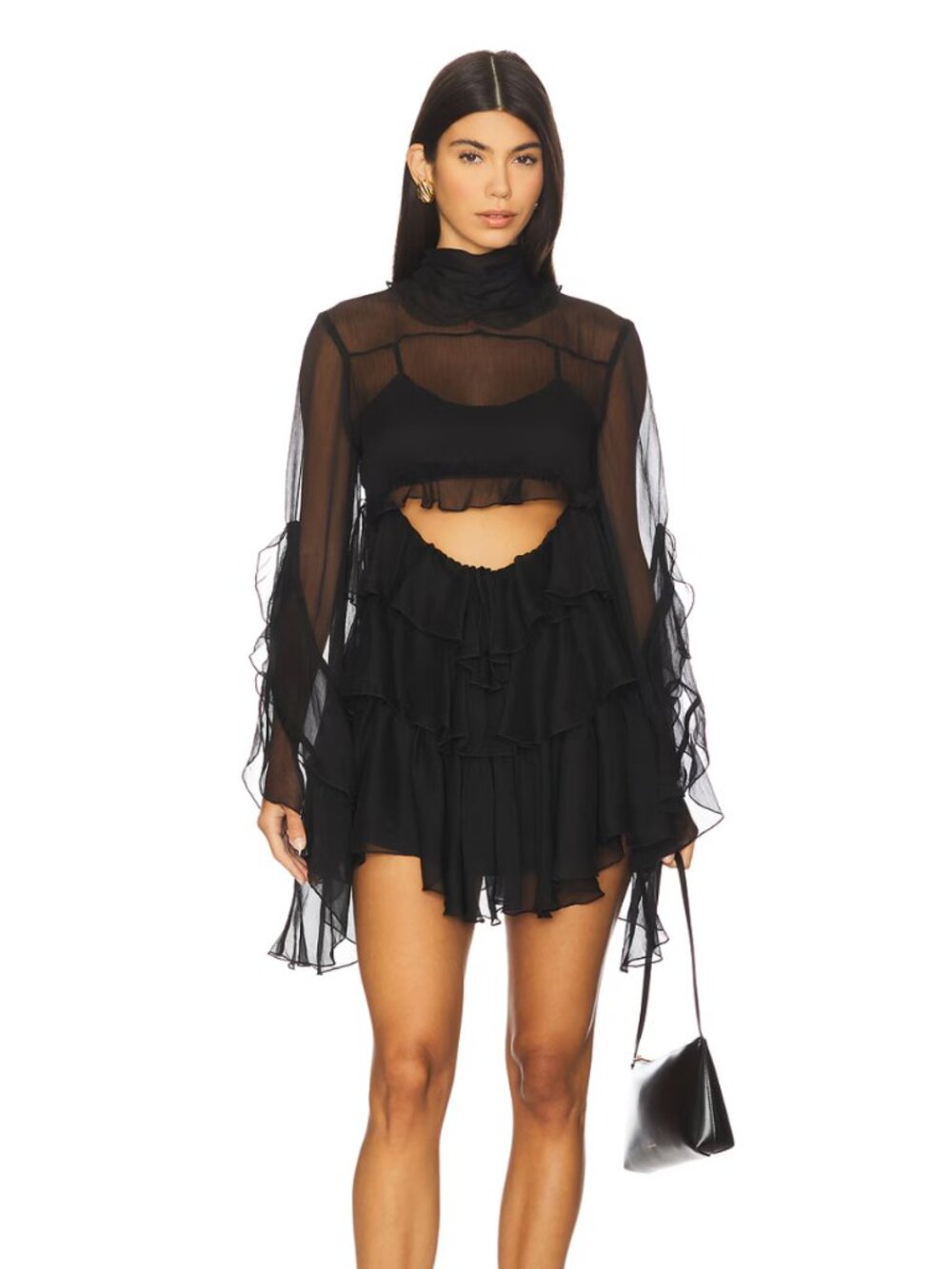 NEW Bardot Anyssa Ruffle Mini Dress in Black Sheer Long Sleeve 8 / Medium